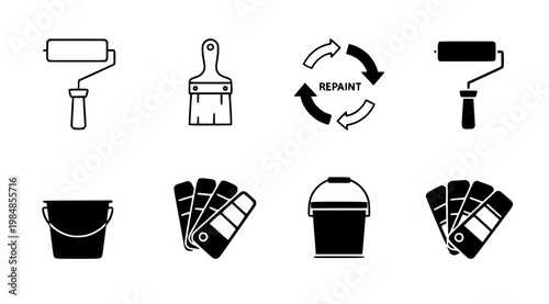 A set of eight black and white vector icons depicting various painting tools and supplies for home improvement and decoration projects