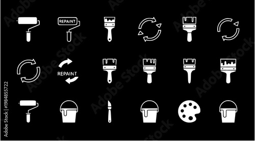 A set of white vector icons depicting various painting tools and symbols on a black background