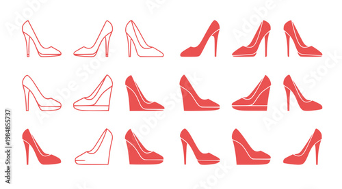 A set of red and white high-heeled shoe icons in various styles arranged in rows on a white background