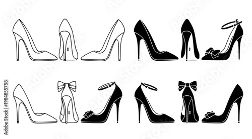 A collection of elegant high heel shoes in various styles and designs illustrated in black and white as vector graphics