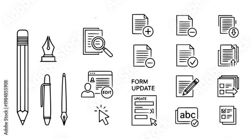 A collection of black and white line art icons depicting office supplies and document editing symbols on a white background