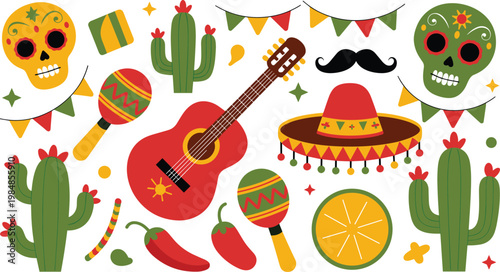 Mexican fiesta celebration element set with sugar skulls guitar sombrero maracas cactus chili peppers and party bunting for cinco de mayo vector