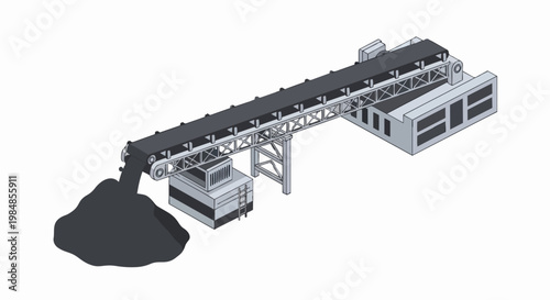 Isometric Industrial Conveyor Belt System Stacking Raw Materials, Mining and Manufacturing Process Illustration