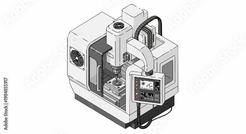 Isometric CNC Milling Machine Illustration - Modern Industrial Manufacturing and Precision Engineering Equipment