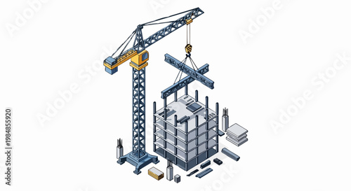 Isometric Building Construction Site with Tower Crane and Steel Frame Structure on White Background