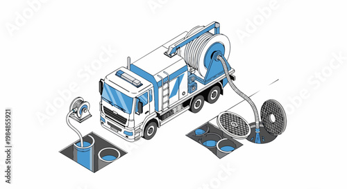 Isometric Sewer Cleaning and Vacuum Truck Maintenance Underground Pipe System Utility Illustration