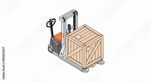 Isometric Electric Pallet Jack Lifting Large Wooden Crate on White Background - Logistics and Warehouse Equipment Illustration