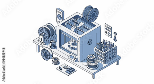 Isometric 3D Printing Workshop Illustration with Desktop 3D Printer, Filament Spools, and Engineering Tools on a White Background