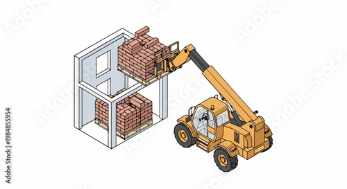 Isometric Illustration of a Yellow Telehandler Lifting a Pallet of Bricks onto a Building Construction Site Frame