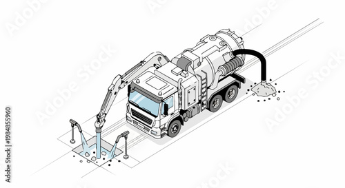 Isometric Illustration of a Vacuum Excavation Truck Performing Non-Destructive Digging and Utility Location Maintenance Services on a White Background