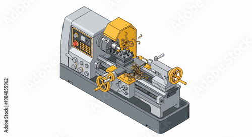 Isometric Metal Lathe Machine Illustration on White Background for Industrial Design and Manufacturing Concept