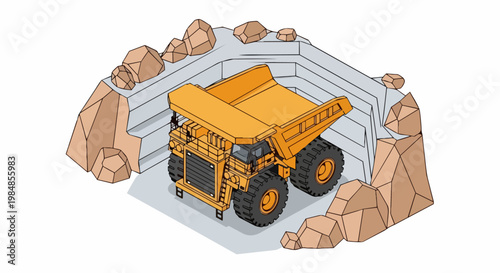 Isometric Illustration of a Yellow Mining Dump Truck in an Open-Pit Quarry Excavation Site
