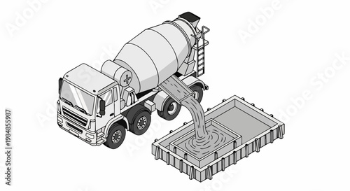 Isometric Line Art Illustration of a Concrete Mixer Truck Pouring Cement into a Foundation Formwork