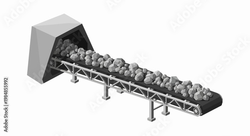 Isometric 3D Illustration of an Industrial Mining Conveyor Belt Transporting Rocks and Ore from a Tunnel Entrance