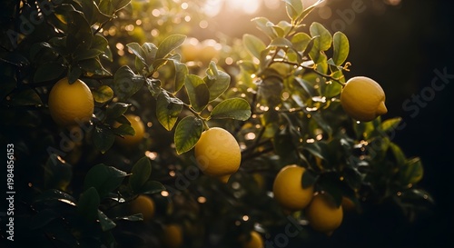 Fresh Organic Yellow Lemons Ripening on Tree Branch in Sunny Garden Orchard