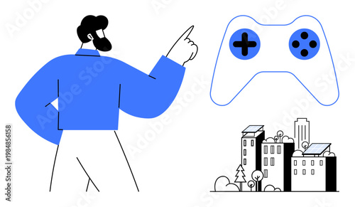 Gaming, sustainability, urban design, renewable energy, technology, futuristic city planning. A person pointing to a gaming controller and buildings with solar panels. Gaming and sustainability