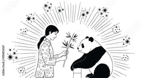 Black and white, panda, girl, bamboo, illustration, vector, cute, animal, friendship