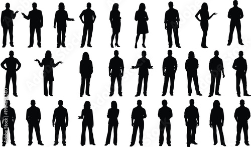 People silhouettes diverse collection, men women casual standing poses isolated black vector illustration set human figures bundle pack