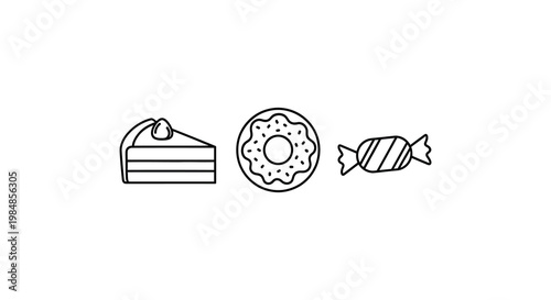 A minimalist arrangement of cake donut and candy presented in a striking black outline silhouette high quality professional detailed modern elegant