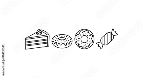 A linear arrangement of sweet treats including cake donuts and candy presented in a stark silhouette high quality professional detailed modern