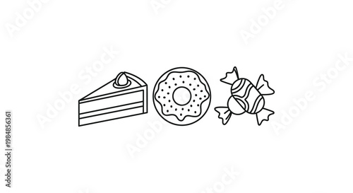 A simple line art illustration depicts a slice of cake a donut and a wrapped candy all in black silhouette