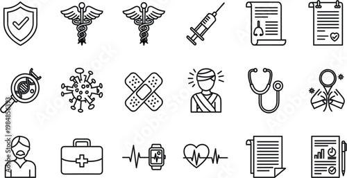 Professional medical and healthcare icon set in modern black line art style for clinical services
