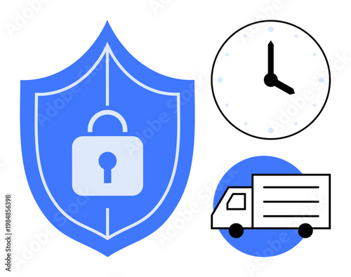 Security, logistics, data protection, timeliness, delivery management, and reliability. Blue shield with a lock, clock and truck. Security and logistics through shield and delivery elements