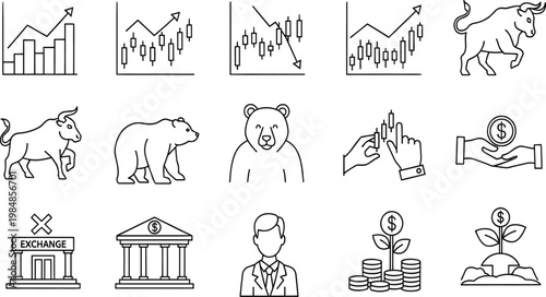 Stock market trading and finance icon set with candlestick charts bull and bear market symbols
