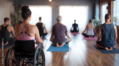 Back view of a diverse yoga class with a wheelchair user in a bright studio, Generative AI illustrations.