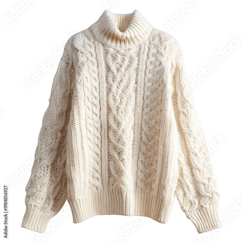 Cream-colored cable knit turtleneck sweater isolated on transparent background