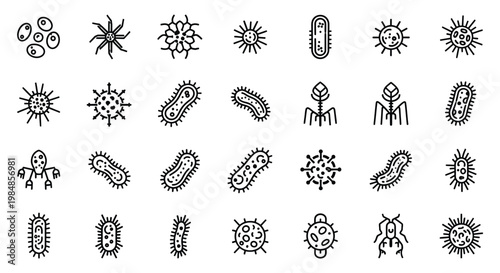 A collection of various microbe and bacteria line icons displayed in a simple minimalist style silhouette high quality professional detailed modern