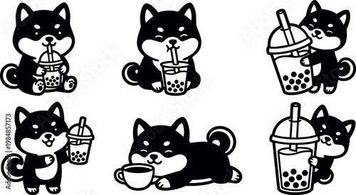 Cute shiba inu dog drinking bubble tea in various poses black and white vector art