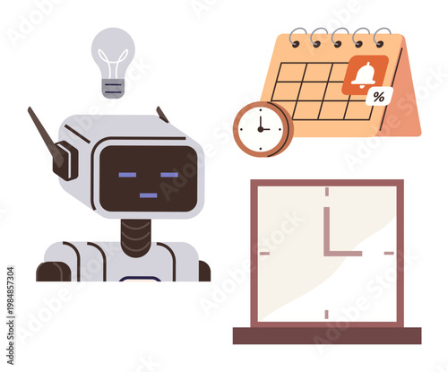 Artificial intelligence, productivity tools, work planning, innovation, scheduling, efficiency. Robot with a lightbulb, calendar with event alert clock and a laptop screen. Productivity tools
