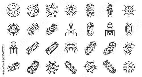 A collection of various microscopic organisms and bacteria depicted in linear designs presented as a black silhouette high quality professional detailed