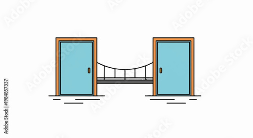 A minimalist vector illustration of two open doors with a suspension bridge connecting them