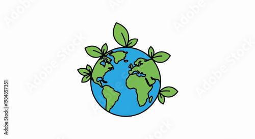 A colorful vector illustration of the Earth with green leaves growing out of it, symbolizing environmental growth and sustainability.