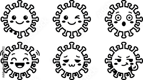 Black and white cartoon virus icons with cheerful and expressive faces vector art
