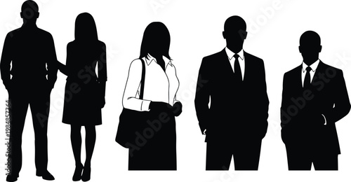 business people silhouettes, corporate professionals, office staff, men and women standing, formal attire, workplace concept, isolated vector illustration, leadership presence