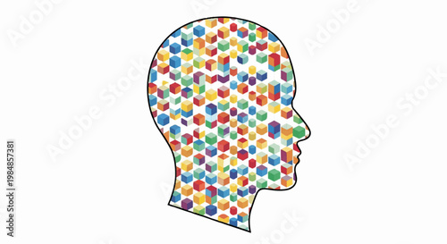A colorful vector graphic illustration of a human head filled with multicolored dots on a white background