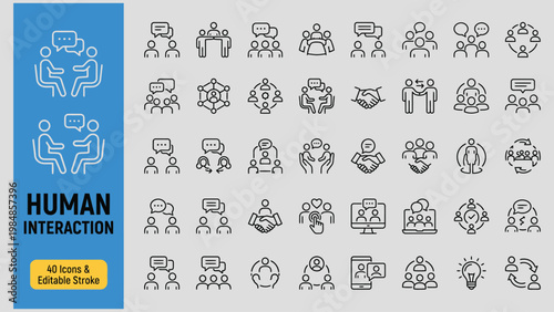 Human Interaction web icons in line style. Chat,People, communication,, meeting, group,  relationships friends. Editable stroke. Vector illustration.
