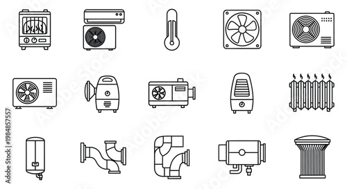 A collection of outlined icons depicting various heating ventilation and air conditioning systems a minimalist silhouette high quality professional detailed modern