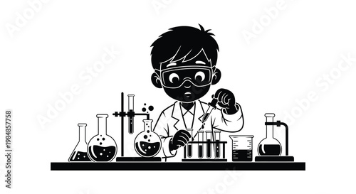 A young boy depicted in a striking black silhouette conducts a science experiment with laboratory equipment silhouette high quality professional detailed