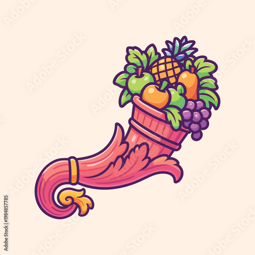 Cornucopia horn of plenty with fruits thanks giving vector cartoon