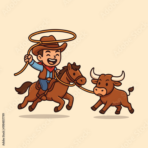 Cowboy lassoing bull vector cartoon illustration