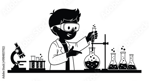 A young scientist conducts an experiment with beakers and a microscope depicted in a striking silhouette high quality professional detailed modern