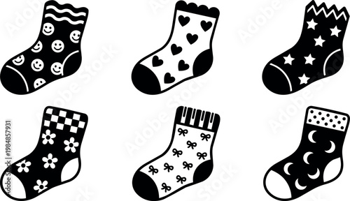 Black and white six patterned socks with smile hearts stars flowers bows and moons