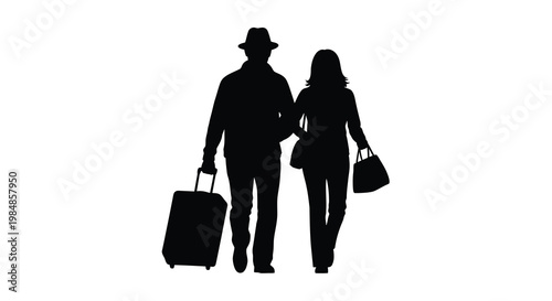 Silhouetted couple walking with luggage possibly traveling or shopping
