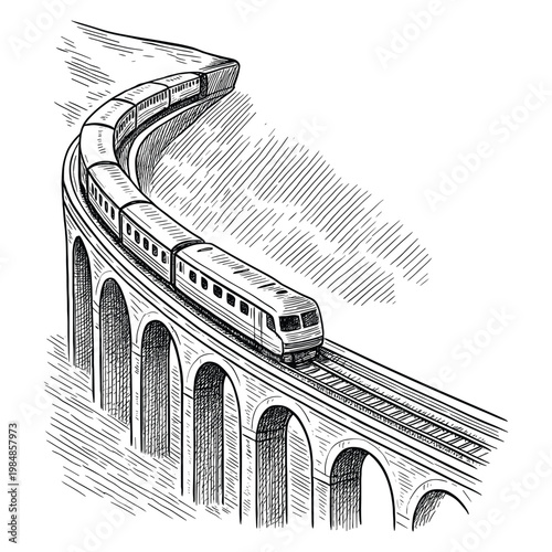 Passenger train on curved stone viaduct entering tunnel vector