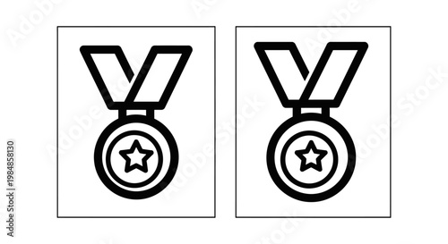 Black and white icons of two medals with stars achievement champion competition decoration minimalist collection isolated background recognition excellence celebration leadership