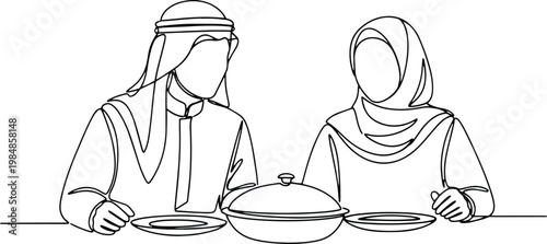 Muslim couple in traditional dress sitting at a dinner table minimalist line art.